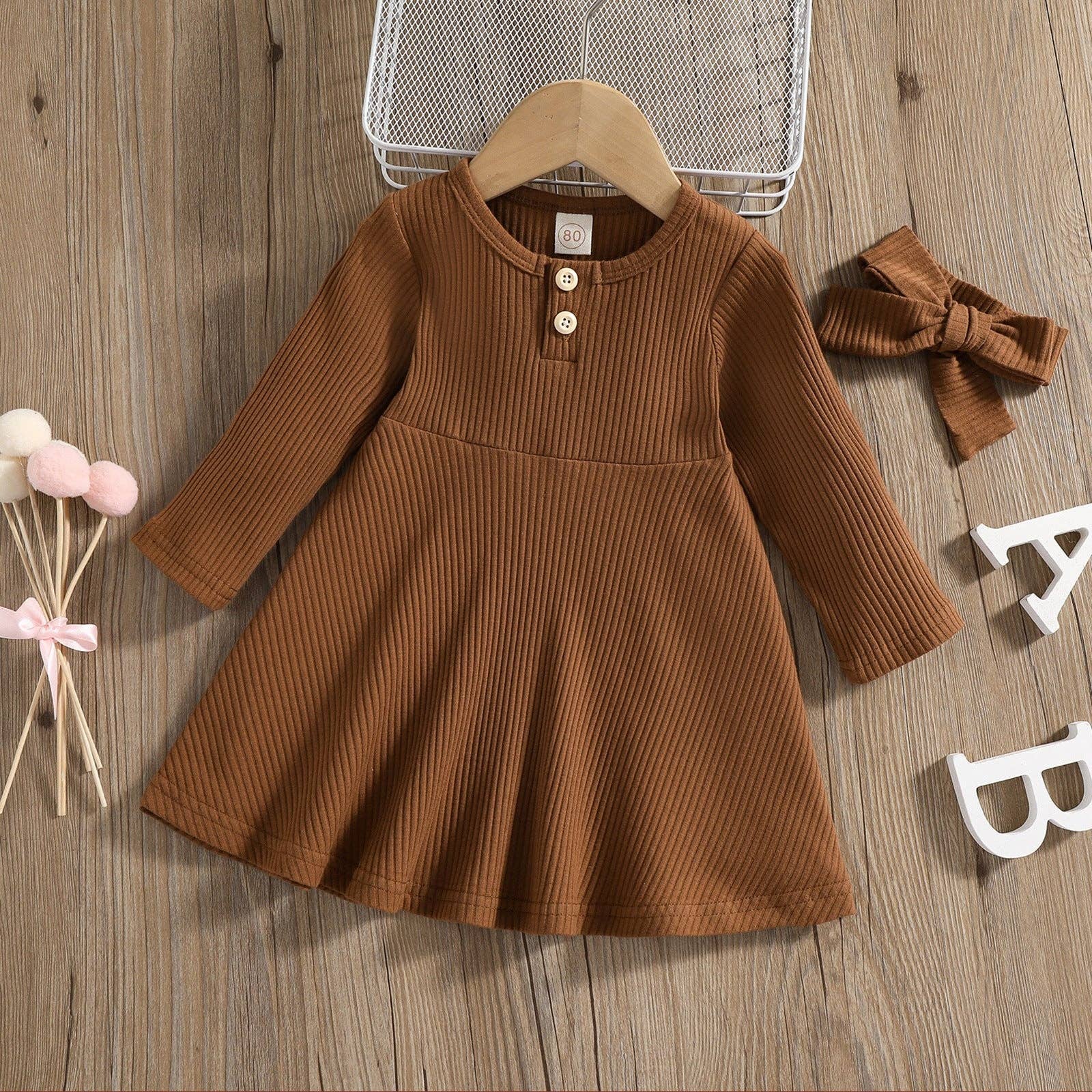 Geribbelde midi-jurk met lange mouwen en knoopsluiting (voor kinderen): Wit