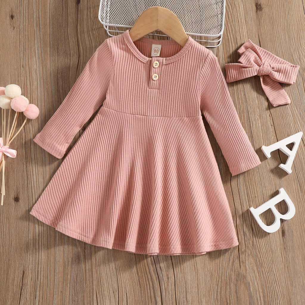 Geribbelde midi-jurk met lange mouwen en knoopsluiting (voor kinderen): ROZE