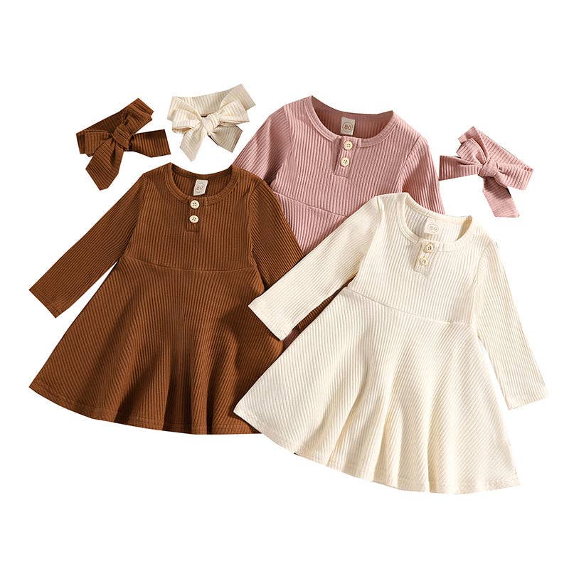 Geribbelde midi-jurk met lange mouwen en knoopsluiting (voor kinderen): Wit