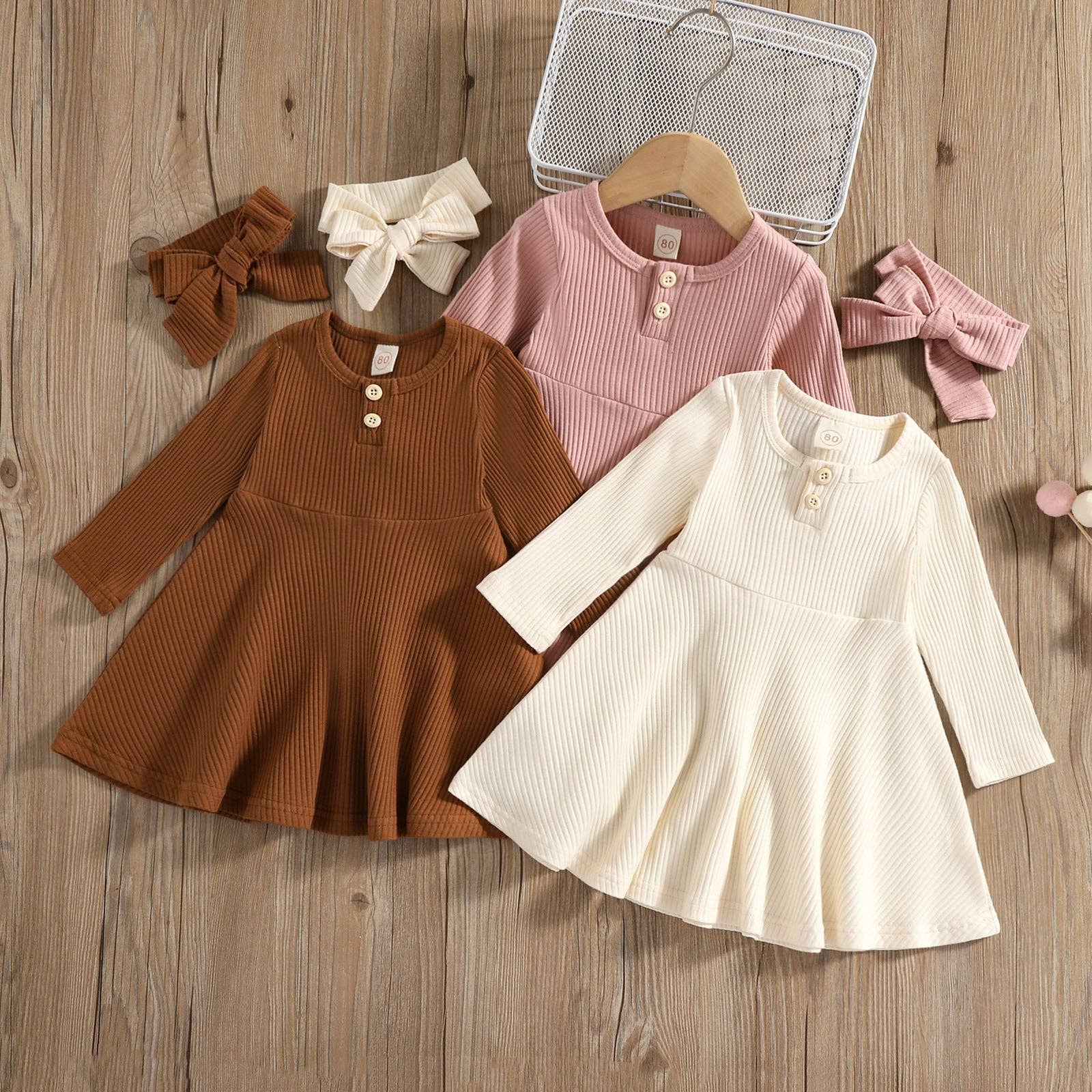 Geribbelde midi-jurk met lange mouwen en knoopsluiting (voor kinderen): Wit