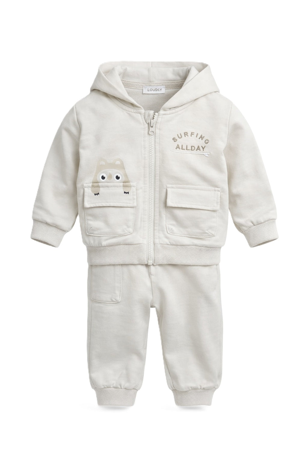 Beige tweedelige set met capuchon