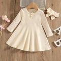 Geribbelde midi-jurk met lange mouwen en knoopsluiting (voor kinderen): Wit