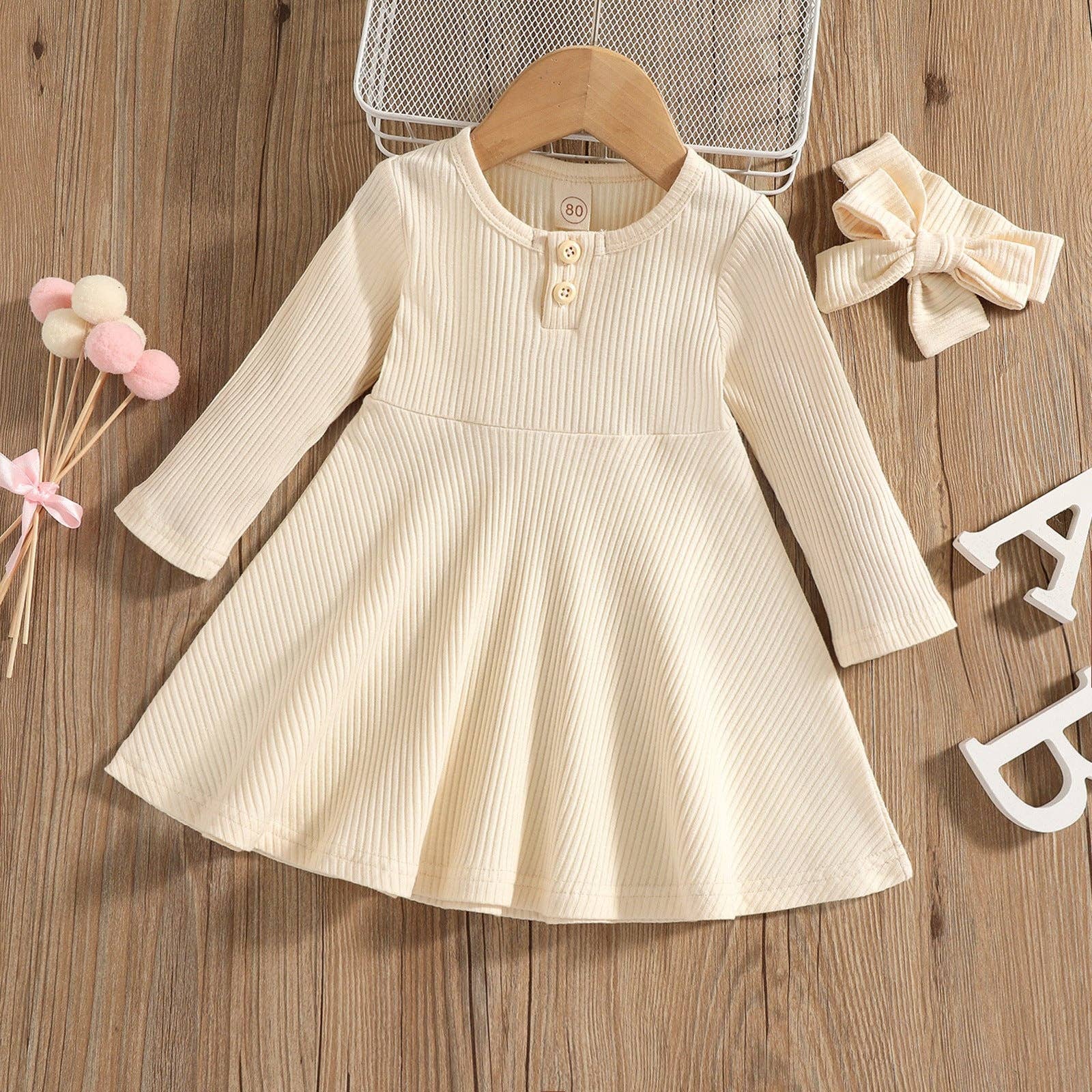 Geribbelde midi-jurk met lange mouwen en knoopsluiting (voor kinderen): ROZE